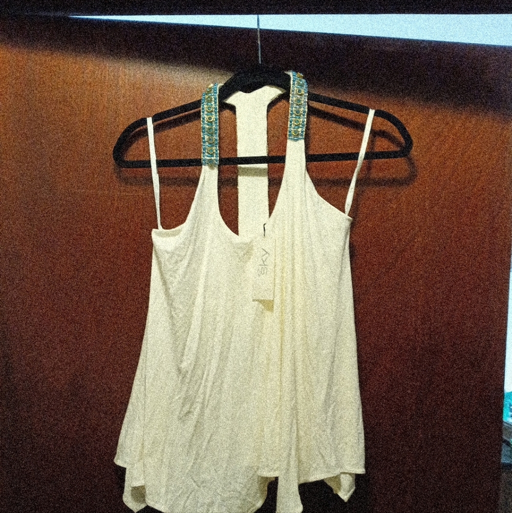 Sky Cream Tank Top with Beaded Turquoise Straps